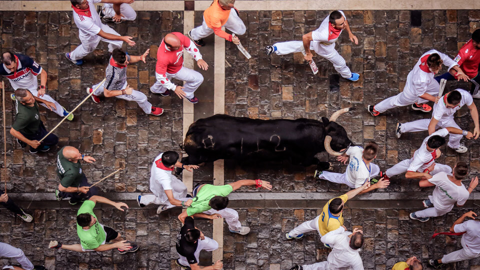 The running of the bulls in Pamplona. Spain